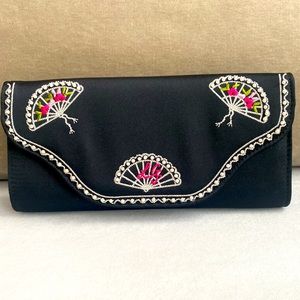 NWT Lulu Guinness Black satin clutch with fan embellishments
